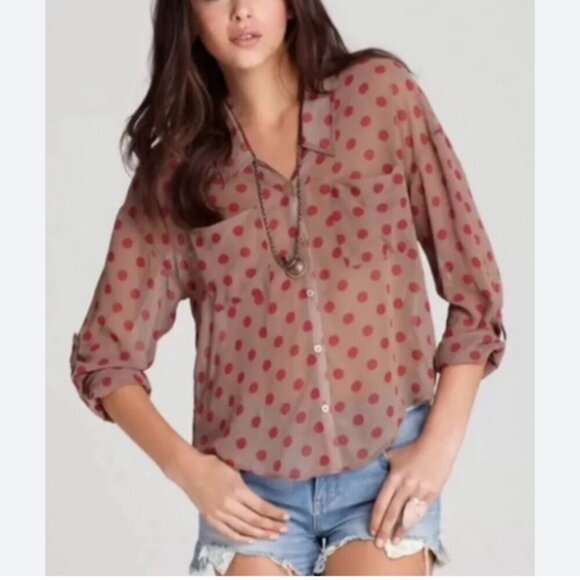 Free People Easy Rider Polka Dot Hi Low Blouse Caramel Brown Size Small NWT - Picture 1 of 7